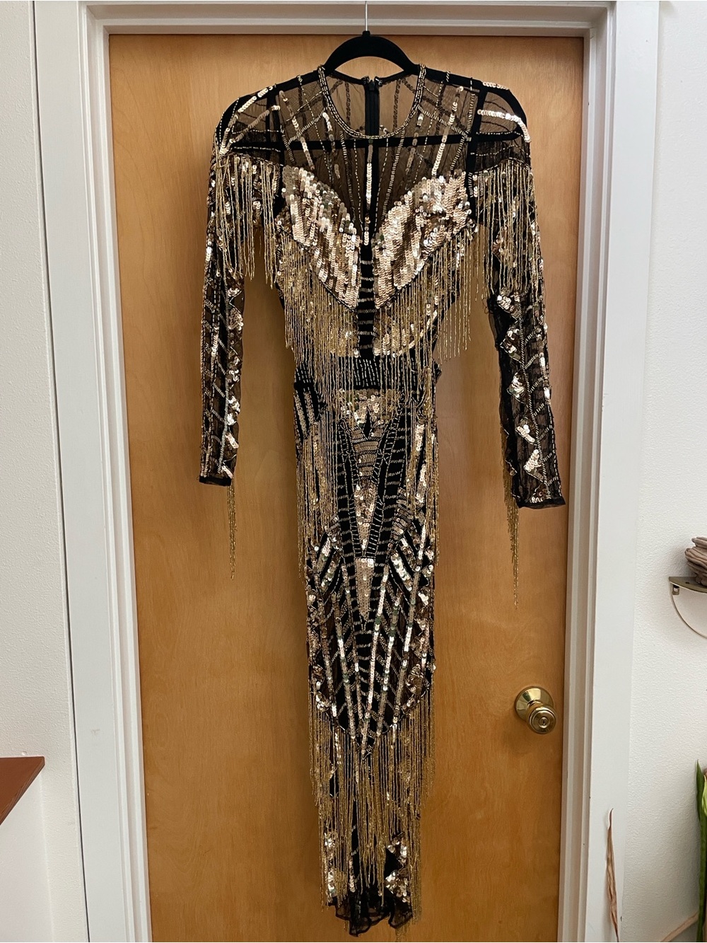 ASOS Black and Gold Sequin Fringe Evening Dress